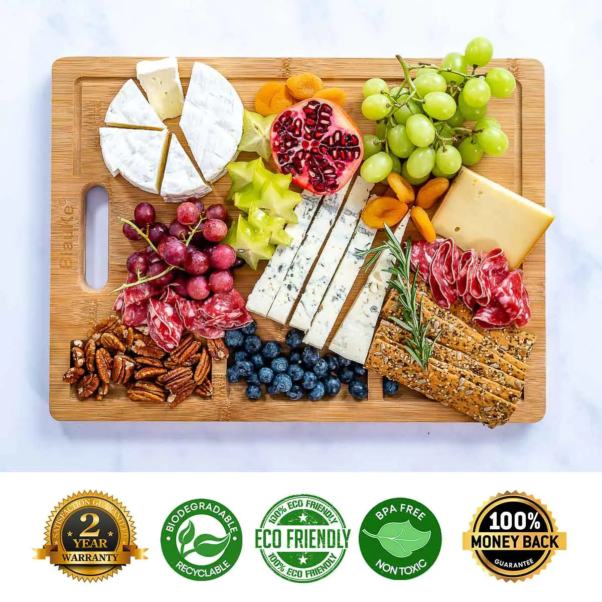 Extra Large Bamboo Cutting Board - 17x12.5 inch Wood Cutting Board for Meat, Cheese, Veggies - Wood Serving Tray with Juice Groove and 3 Compartments